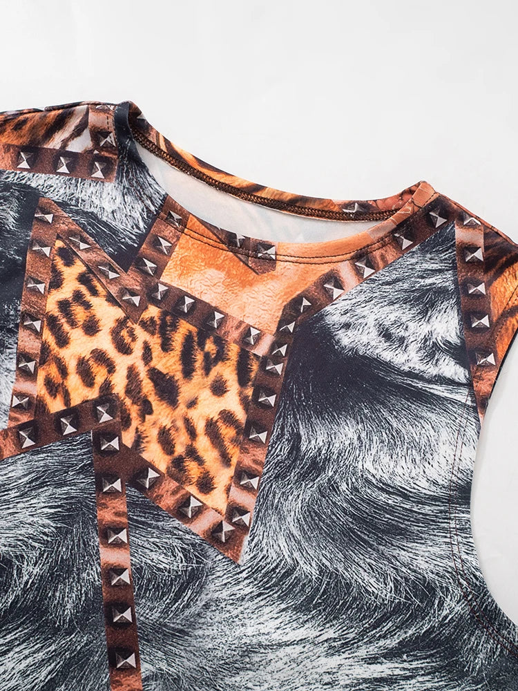 Colourful Print 2 Piece Set Women Casual O-Neck Tank Tops + Skinny Shorts Matching Hottie Sexy Sporty Activity Tracksuit