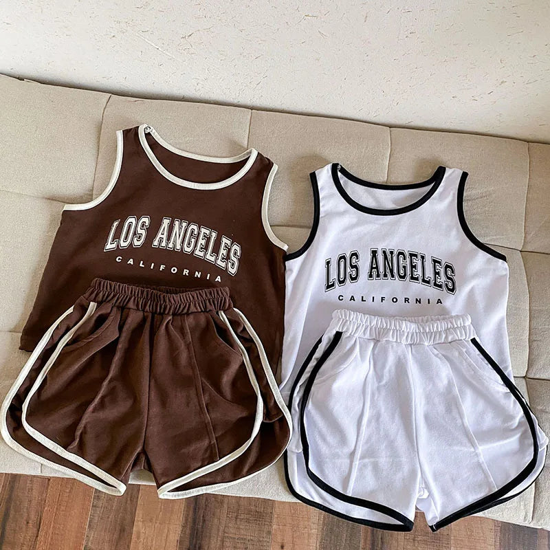 New Summer Kids Clothes Set Children Thin Style Letter Sports Suit Girls Tank Top Shorts Boys Outfits 4-6Y Unisex