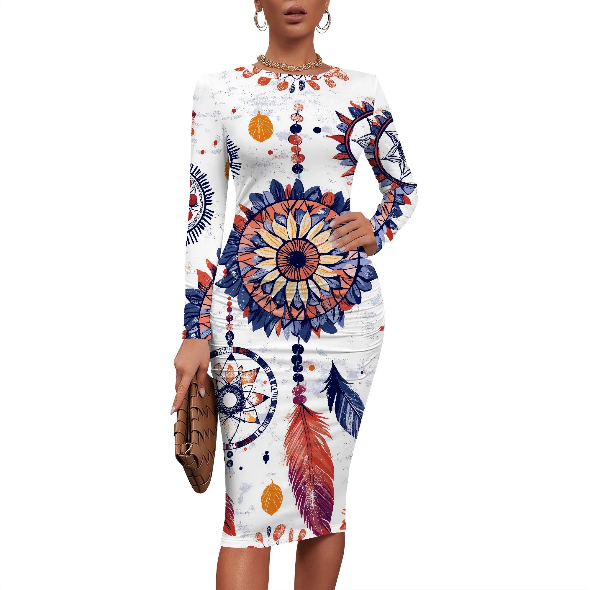 Women's 2025 Summer Dress Ruched Long Sleeve Crew Neck Midi Dress Elegant Bodycon Basic Casual Dresses