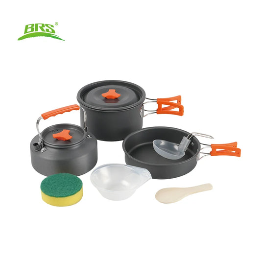 BRS 1set Camping Cookware Kit Outdoor Portable Aluminum Cooking Set Pots Dishes Bowler Kitchen Equipment Gear for Cooking Picnic