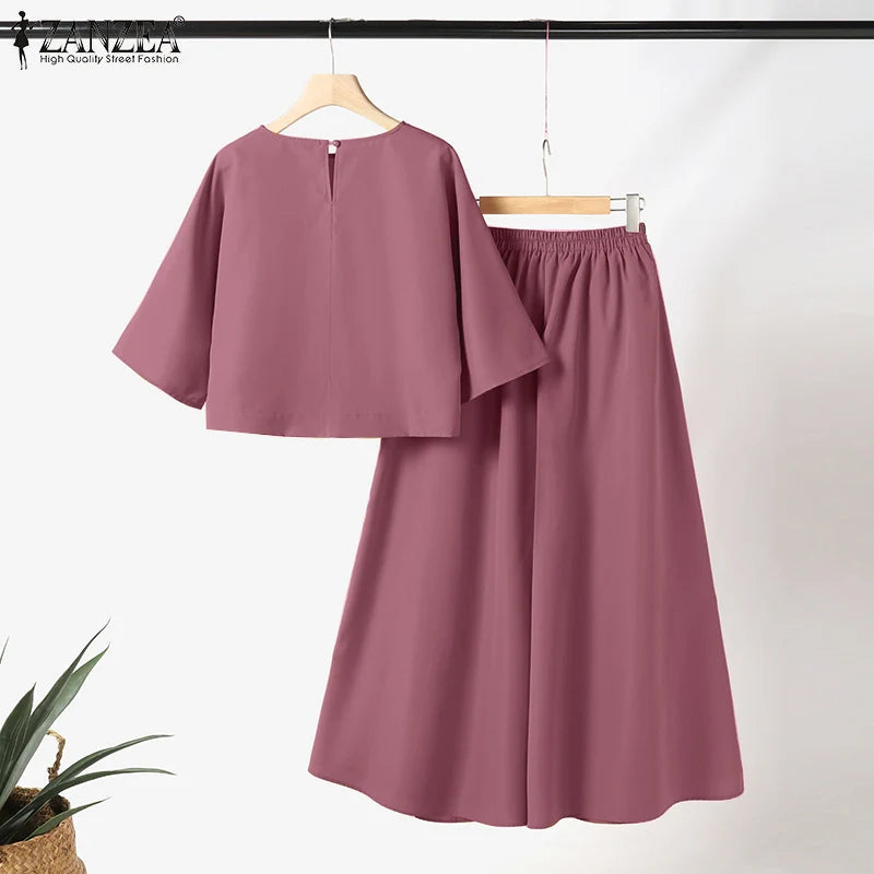 Women Causal 2PCS Pant Sets Loose 3/4 Sleeve Tops Wide Leg Pants 2-Pieces Outfits Solid Colour Fashion Commute Tracksuits