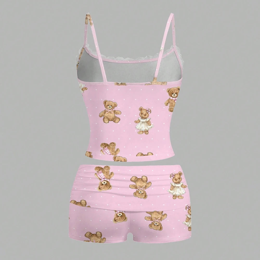 Women's Sets Summer Sweet Cute Graphic Printing Lace Sleeveless Round-Neck Tanks Low Waist Shorts Casual Sets