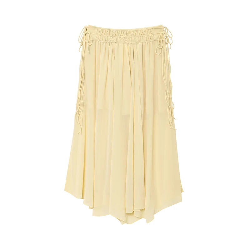 Elegant Yellow Chiffon Midi Skirt High Waist Drawstring Loose Fit Women's Summer Holiday Fashion A-Line Skirts