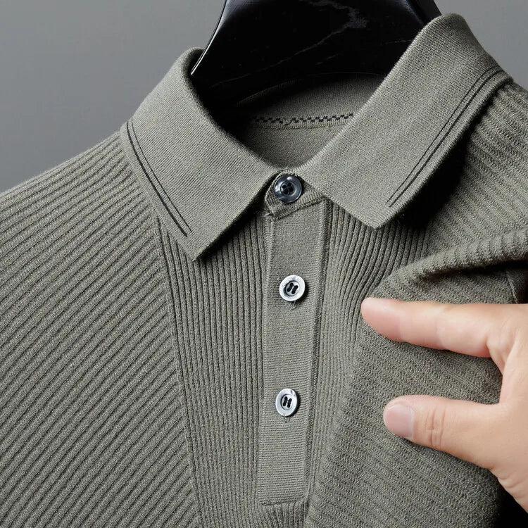 Men's Solid Colour Business Casual Polo Shirt, Suitable For Daily Commute, Pullover Sweater, Warm Knitted Long-Sleeved Cardigan
