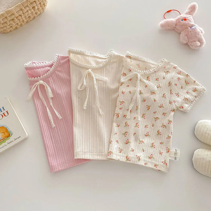 New Summer Kids T-shirt Boys Cute Hollow Out Floral Tops Children Thin Style Pit Strip Lace Girls Tee 1-5T Unisex