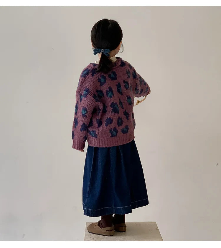 Girls' Autumn Vintage Korean Trendy Leopard Knit V-Neck Cardigan Coat For Children 1-7Y