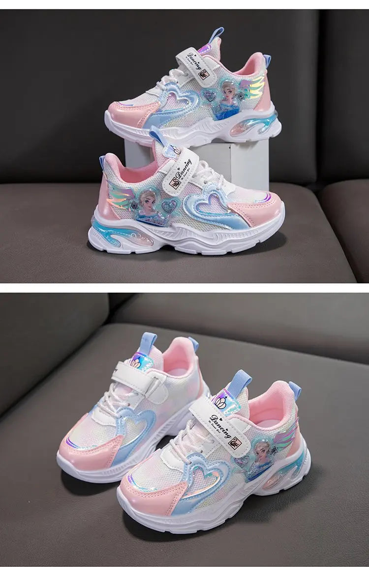 Girls' Casual Shoes Frozen Princess Elsa Sneakers Mesh Leather White Breathable Sole Children's Sport Shoes Size 26-37