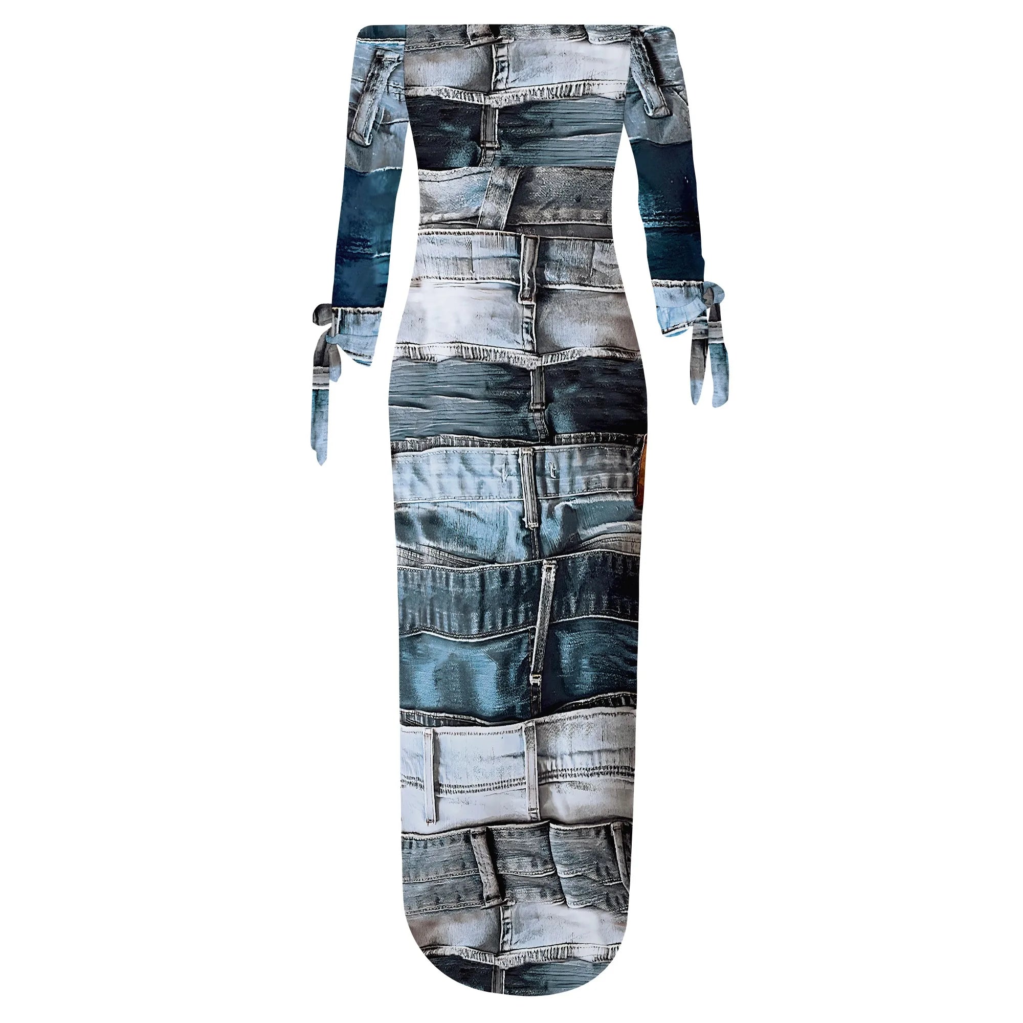 Denim Retro Print Long Sleeve Slim Fit Elegant Casual Slit One-Shoulder Neck Dress