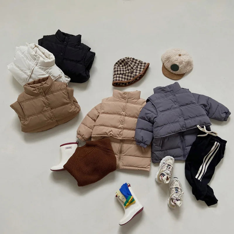 Winter Kids Parkas Thicken Vest And Parkas 2 Pcs Boys Long Parka Cotton Lining Girls Jacket 4-6Y Unisex