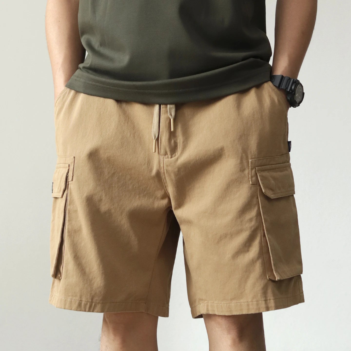 2025 Zomer Nieuwe Amerikaanse Retro Geweven Cargo Shorts Heren 100% Katoen Elastische Taille Trekkoord Casual Losse Rechte 5-punts Broek