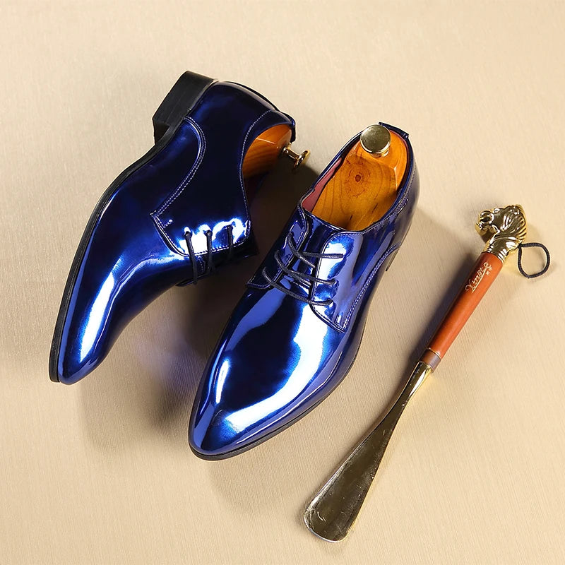 Italy Men Wedding Groom Formal Dress Evening Shoes Pointed Toe Male Gold Blue Red Party Oxfords Shoes