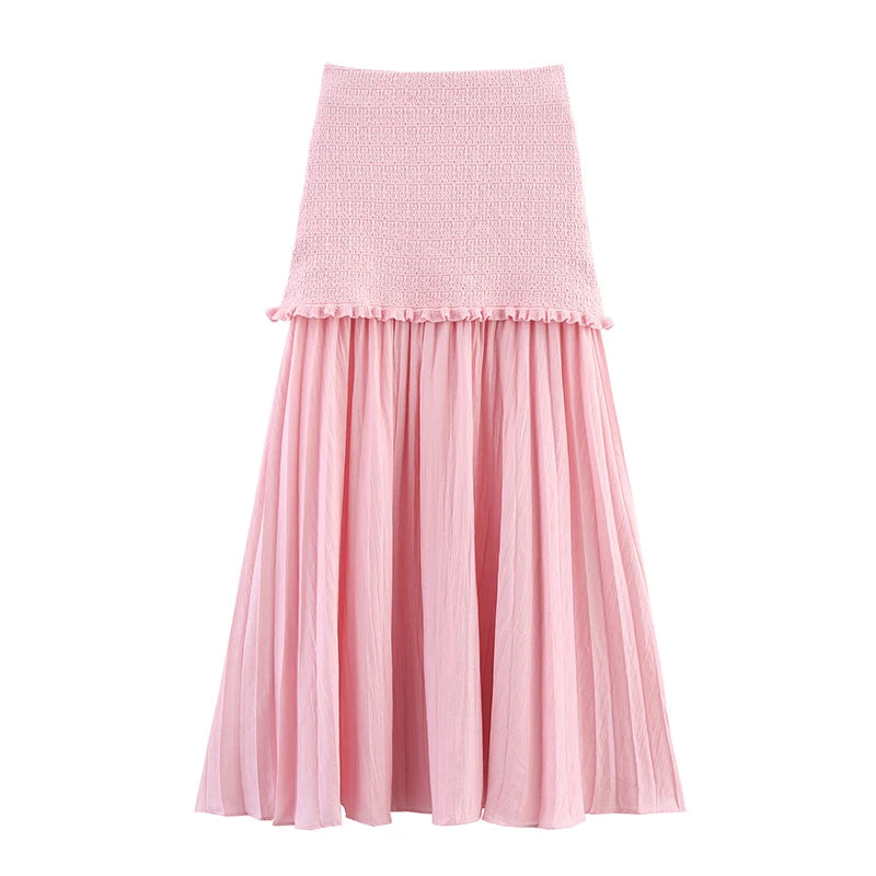 Elastic High Waist Patchwork Knit Skirt for Women Pleated Hem Elegant Long Ankle-Length Polyester Faldas Mujer