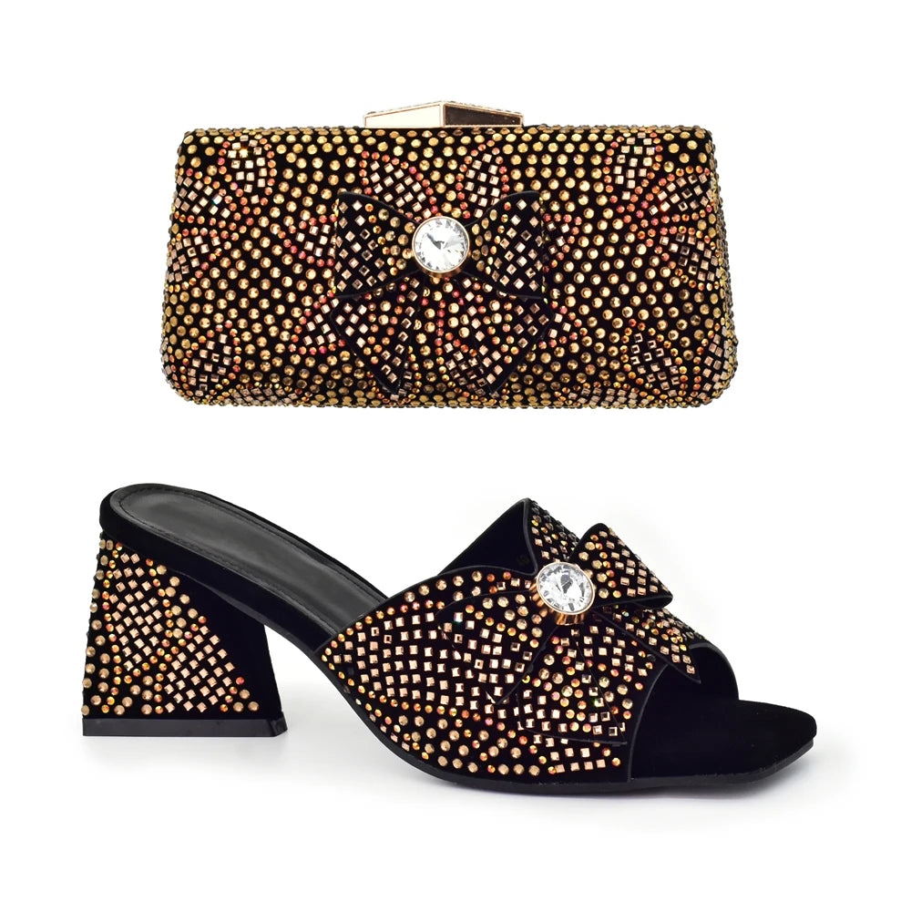 Nigeria Popular Design African Ladies Shoes and Bag Set Decorated with Rhinestone Wedding Shoes Bride Peep Toe Low Black Heels