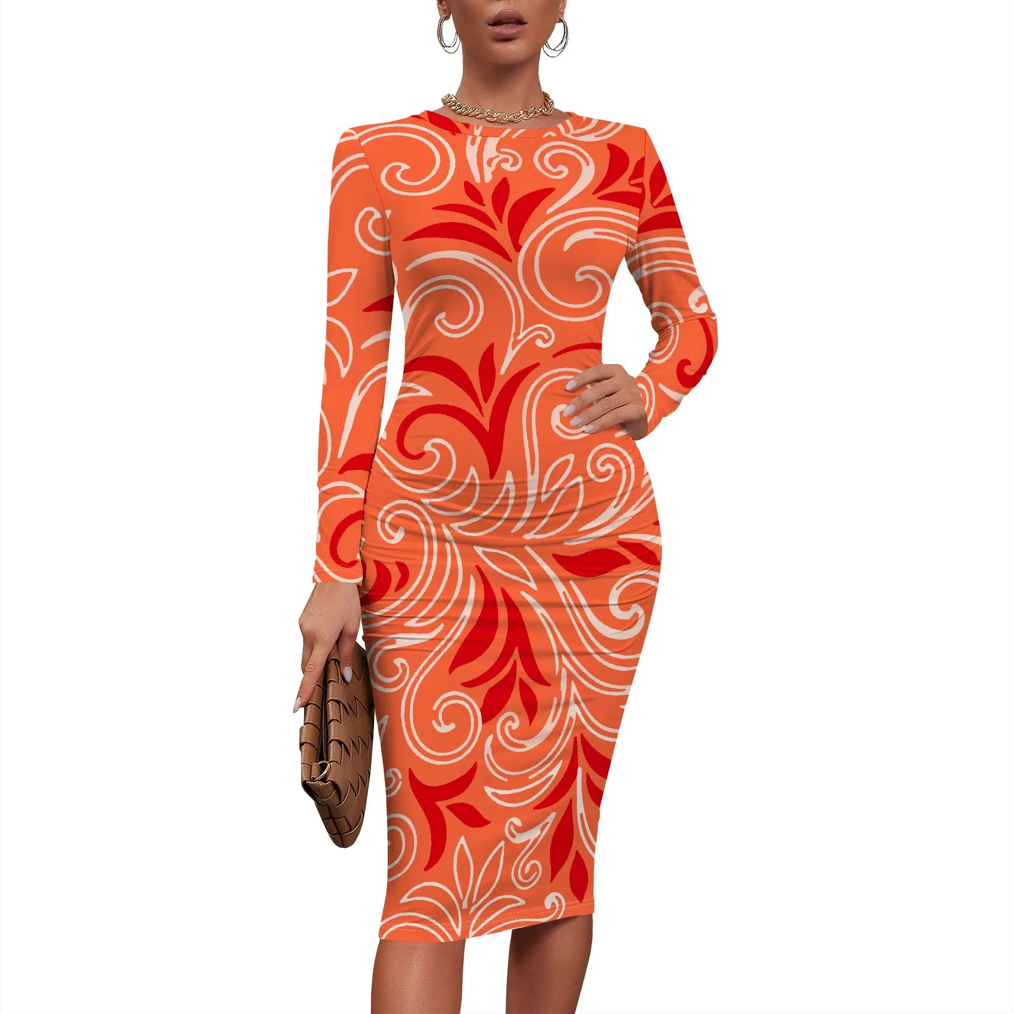 Women's 2025 Summer Dress Ruched Long Sleeve Crew Neck Midi Dress Elegant Bodycon Basic Casual Dresses