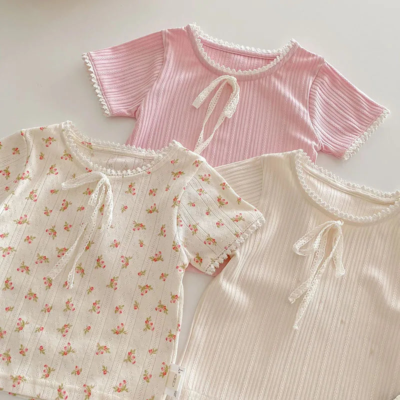 New Summer Kids T-shirt Boys Cute Hollow Out Floral Tops Children Thin Style Pit Strip Lace Girls Tee 1-5T Unisex