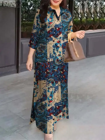Women 3/4 Sleeve Long Dresses Autumn Fashion Lapel Neck Cotton Shirtdress Vintage Floral Print Maxi Shirt Dress