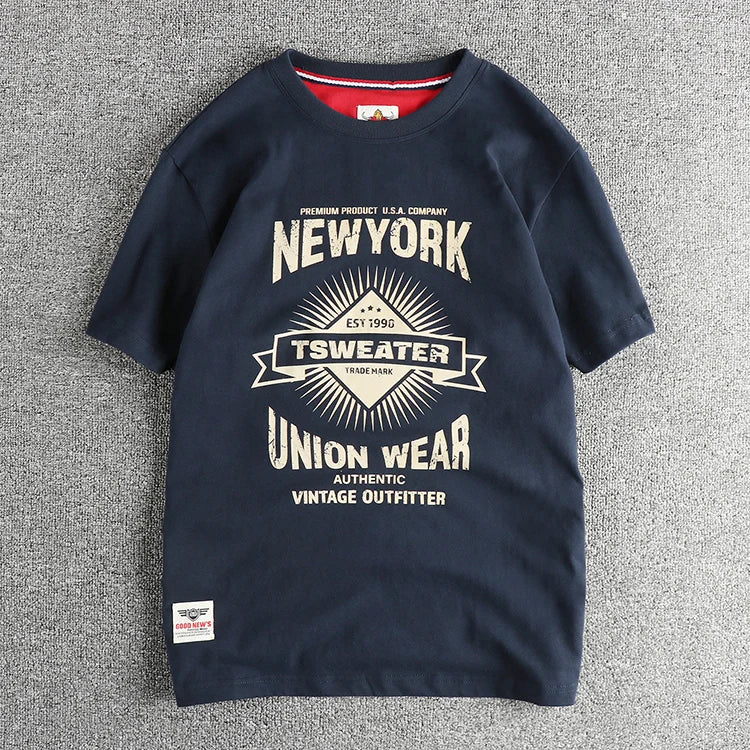 2025 Summer New American Retro Short Sleeve O-neck Letter Printed T-shirt Men's Fashion 100% Cotton Washed Casual Youth Tops