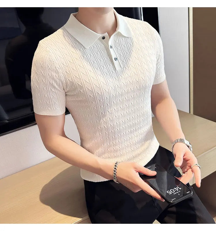 Men's Slim-Fit Jacquard Knitted Short-Sleeved Polo Shirt for Male Fashion Lapel Golf Shirt