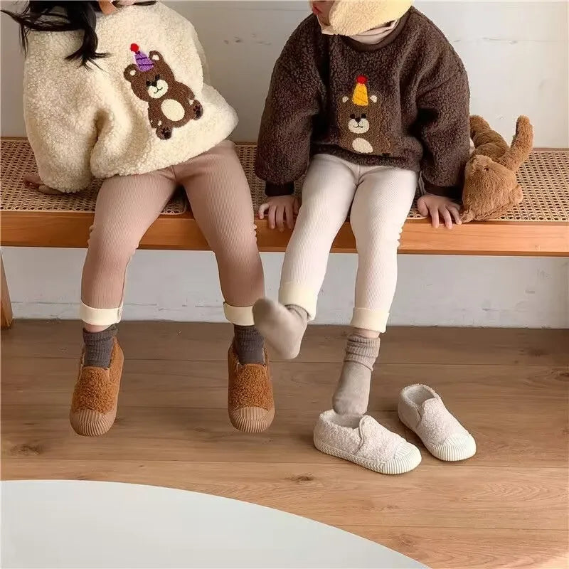 New Autumn Kids Leggings Girls Cute Bear Fur Padded Skinny Pants Children Warm Cartoon Elastic Leggings 4-6Y Girls