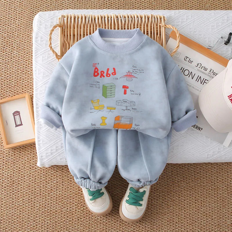 New Autumn Children Sweatshirt Set Sweet Cartoon Boys Hoodie + Sweatpants Kids 2PCS Printing Casual Suit 1-5T Unisex