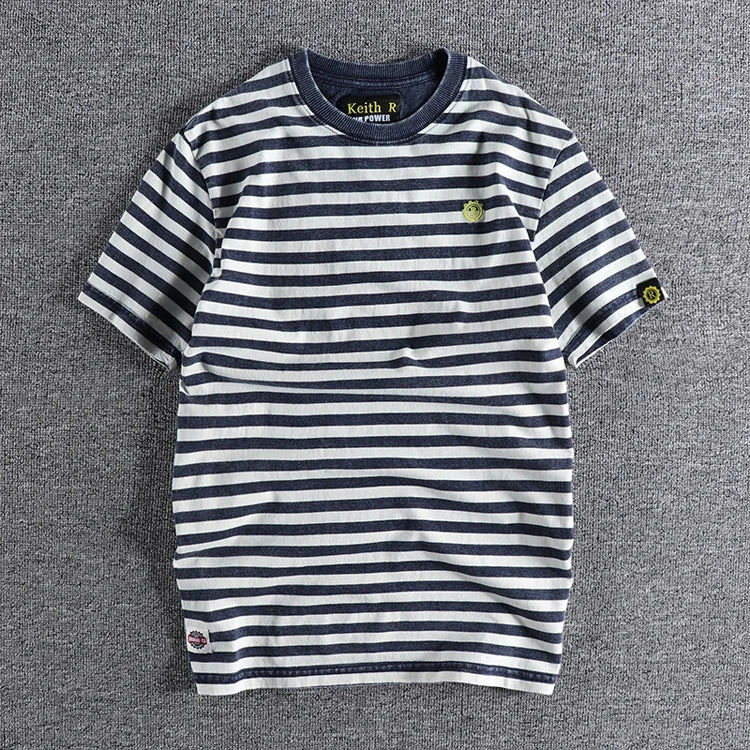 Summer New Japanese Retro Short Sleeve Striped T-shirt Men's Fashion 100% Cotton Slim Simple Round Neck Washed Old Casual Tops