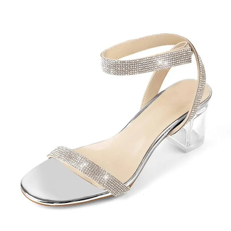 Women Peep Toe Rhinestone Strap Clear Block Chunky Sandals Transparent Perspex Chunky Heels Summer Sandals