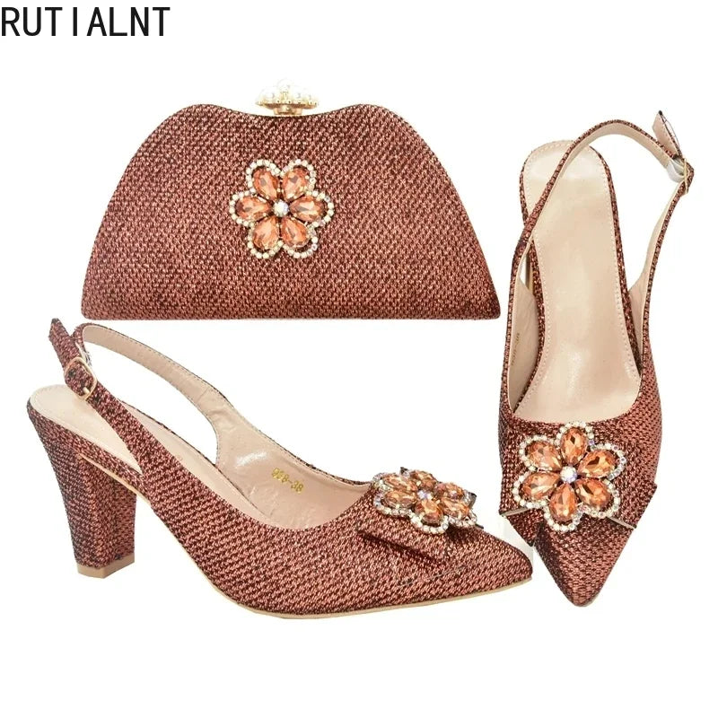 African Shoes and Bags Matching Set Decorated with Rhinestone Nigerian Shoes and Matching Bag