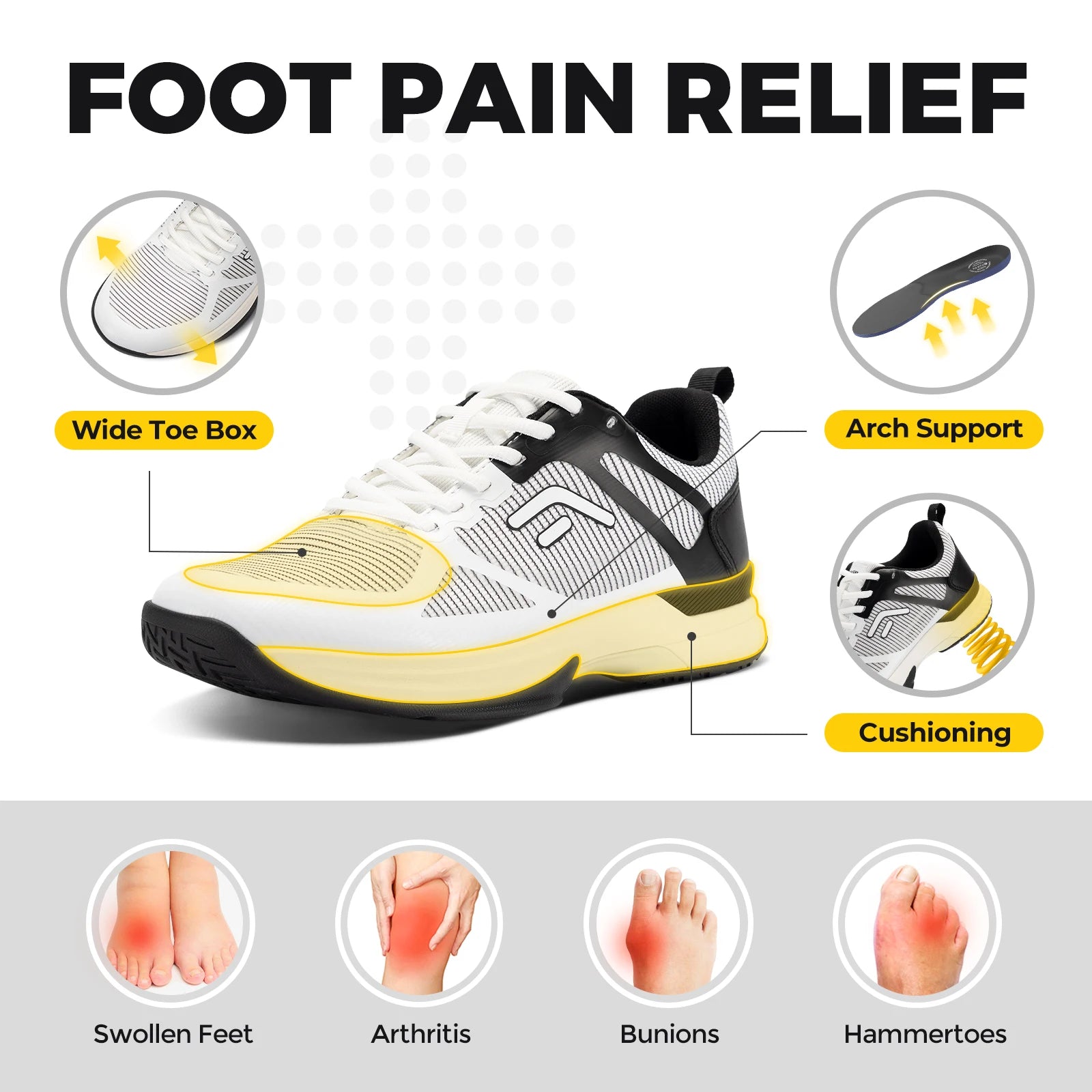 Men's Wide Pickleball And Full Court Tennis Sneakers with Arch Support - Lightweight Non-Slip Sports Shoe