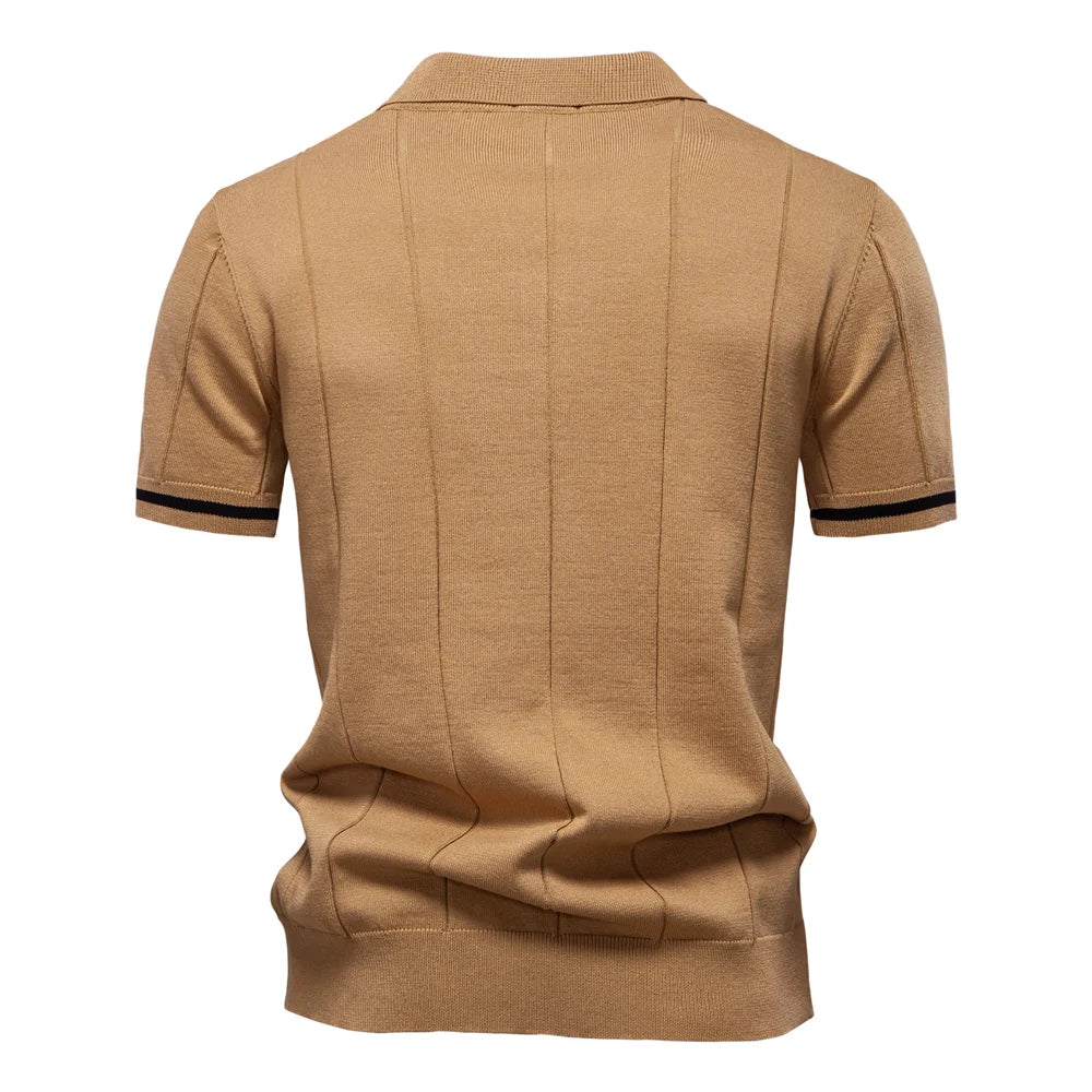 2025 Summer Men's Knit Cotton Polo Shirt - Breathable & Stretch Turn-Down Collar Design for Business Golf and Social Events