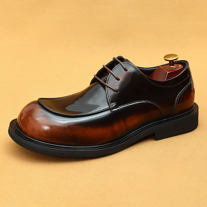 Men's business lace up casual leather shoes British big toe shoes cowhide patent leather round toe derby shoes Retro men's shoes
