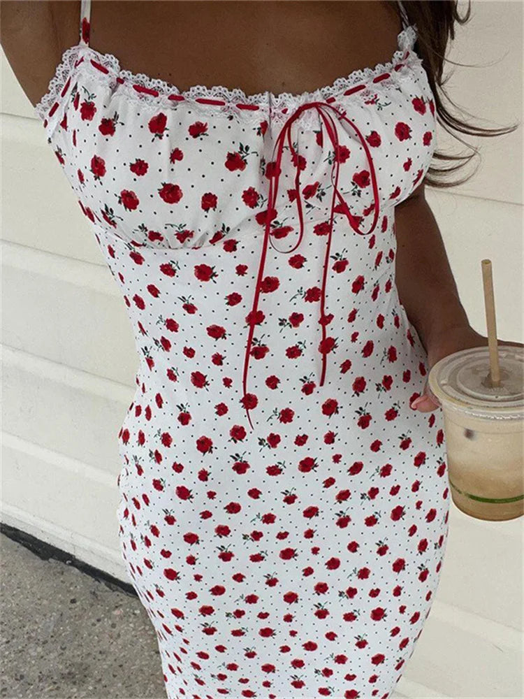 Rose Print Dress Women Square Collar Sleeveless Irregular Sweet Girl Street Fashion Birthday Party Trend Long Bodycon