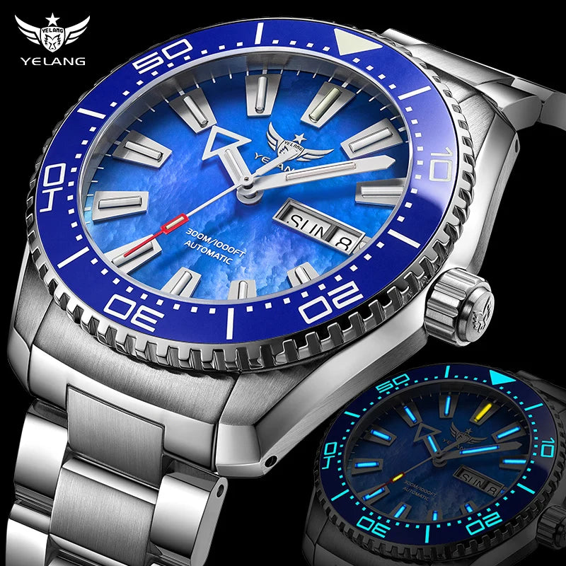 Yelang V5.2 Mechanical Watch 44M Rotatable Ceramic Bezel Sapphire Lens SW220 300m Super Waterproof Men's Diving Watch Reloj