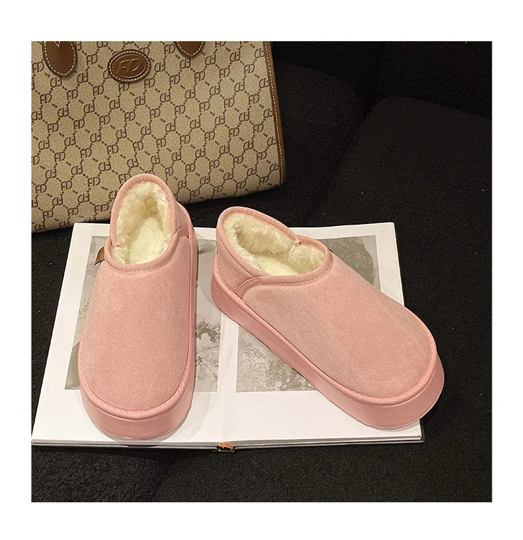 Women's Winter Warm Fuzzy Lining Cotton Shoes Fur Fluffy Slippers For Indoor and Outdoor Use With Anti-Skid Plush Thick Sole Cotton Shoes