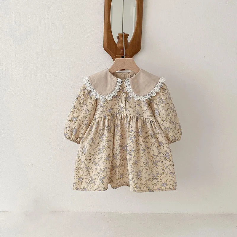 New Spring Girls Floral Dress Kids Cute Lace Doll Collar Princess Dress Children Sweet Flower Clothes For Kids 1-3Y Girls