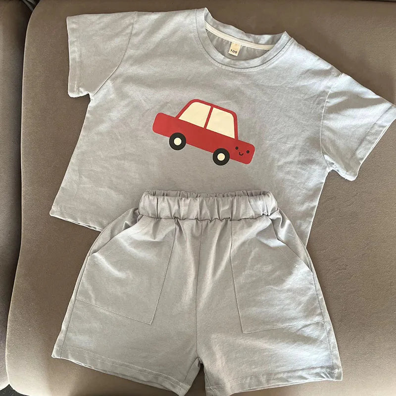 New Summer Kids Clothes Suit Children Cute Cartoon Car T-shirt + Shorts Boys Thin Style 2PCS Outfit 1-4Y Unisex