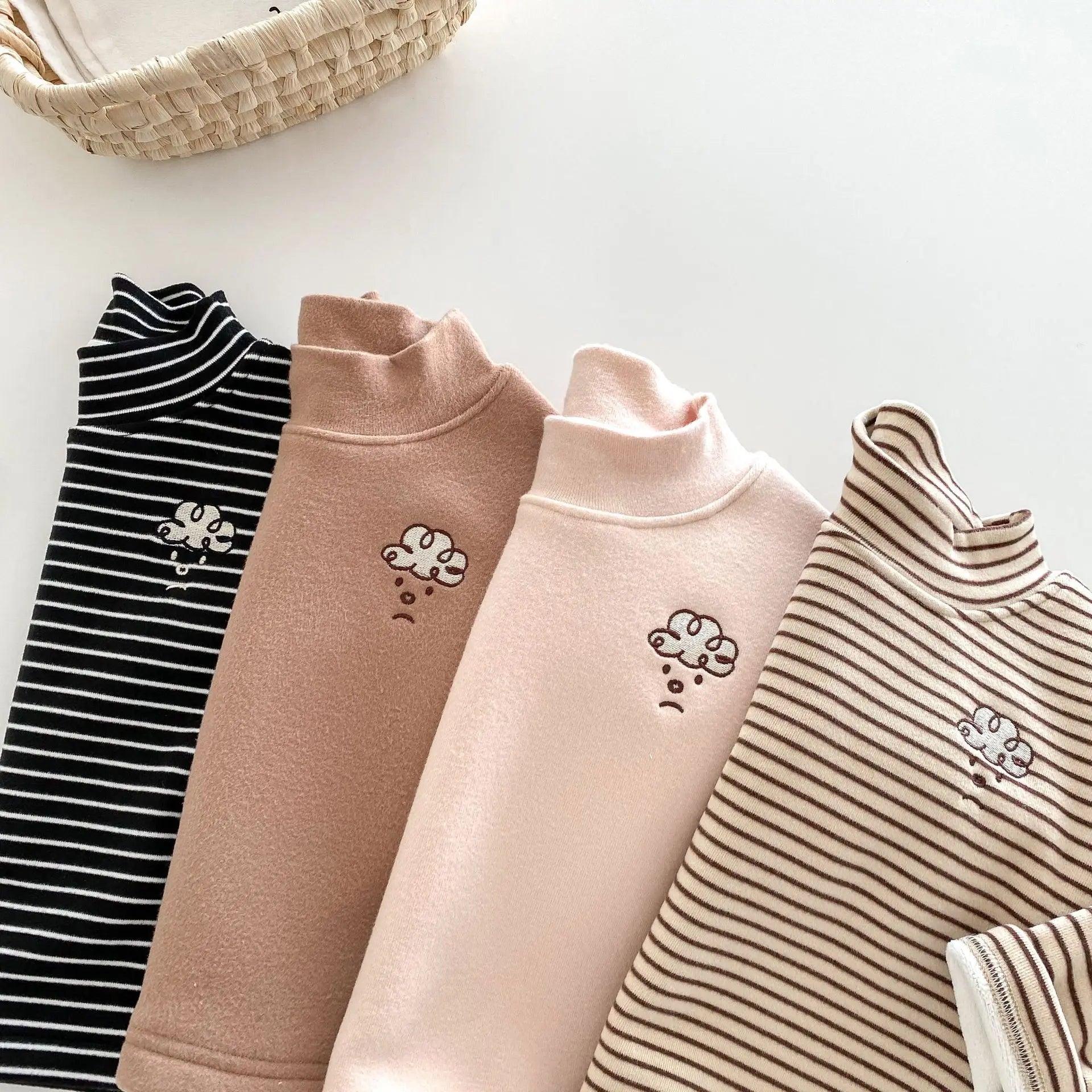 Herfst Kinder Basis Shirt Jongens Halve Turtleneck Warme Onderkant Tops Meisjes Bontvoering Geborduurde Gestreepte Blouse 0-5 Jaar Unisex