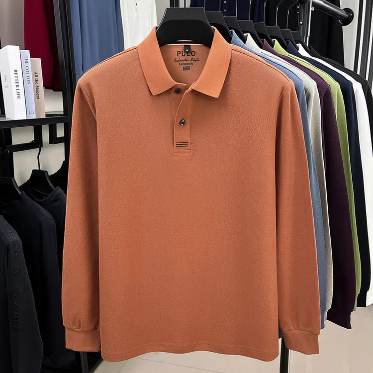 Men's Autumn 100% Breathable Cotton, Long-Sleeve Polo Shirt - Classic Cotton Collared T-Shirt With Business Casual Design