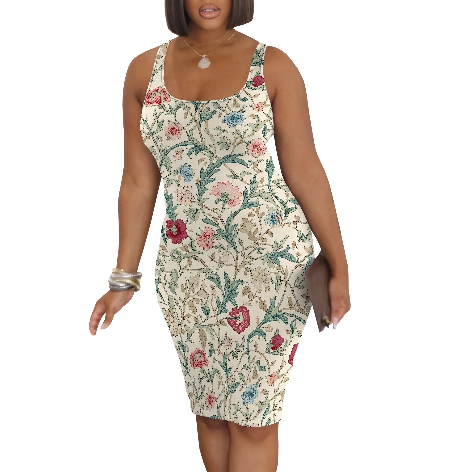 Elegant Floral Print Sleeveless Bodycon Dress Slim Fit Soft Touch Fabric Women’s Casual Mini Dress
