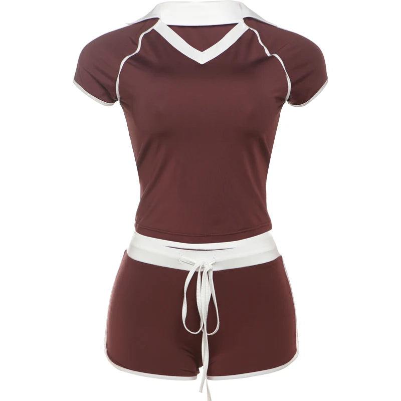Casual Women 2 Piece Set Tracksuit Stretch Sporty Polo Neck Crop Tops + Wide Waist Shorts Matching Streetwear Outfits