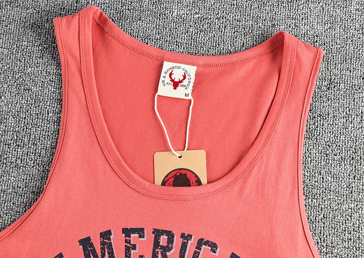 Summer New American Retro Sleeveless O-neck Letter Printed T-shirt Men's Fashion 100% Cotton Washed Casual Sports Vest Tops