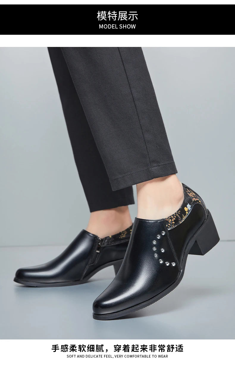 Retro Men European Fashionable Rivet Oxfords Dress Shoes High Heel Male Party Dressing Shoes Height Increasing Zipper Shoe