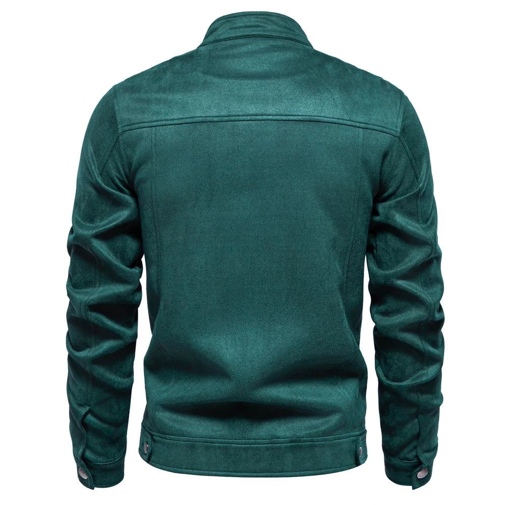 Men's Stand Collar Zip Suede Jacket Fashion Casual Business Faux Leather Trucker Jackets Coat for Men