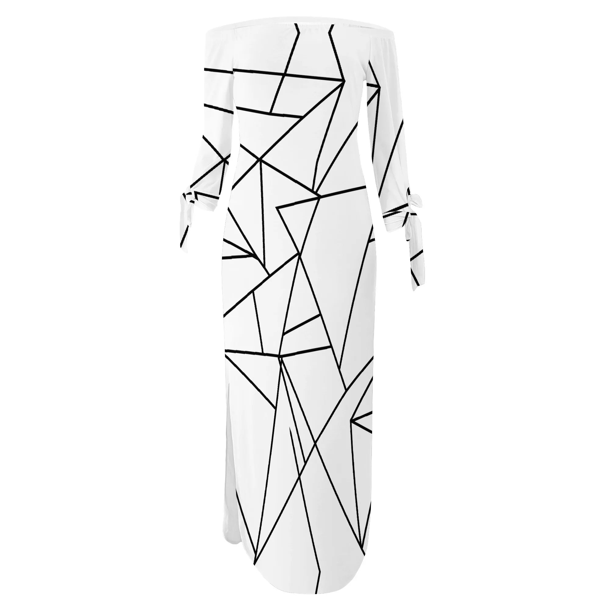 Off Shoulder Long Sleeve Maxi Dress for Women Geometric Line Print Chic Casual Slim Fit Dress