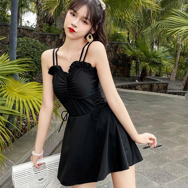 Sweet Cute Ruffle Women Swimwear Beach Holiday One-Piece Pleated Lace Up Swimsuit New Sexy Solid Slimming Hot Spring Swimsuit