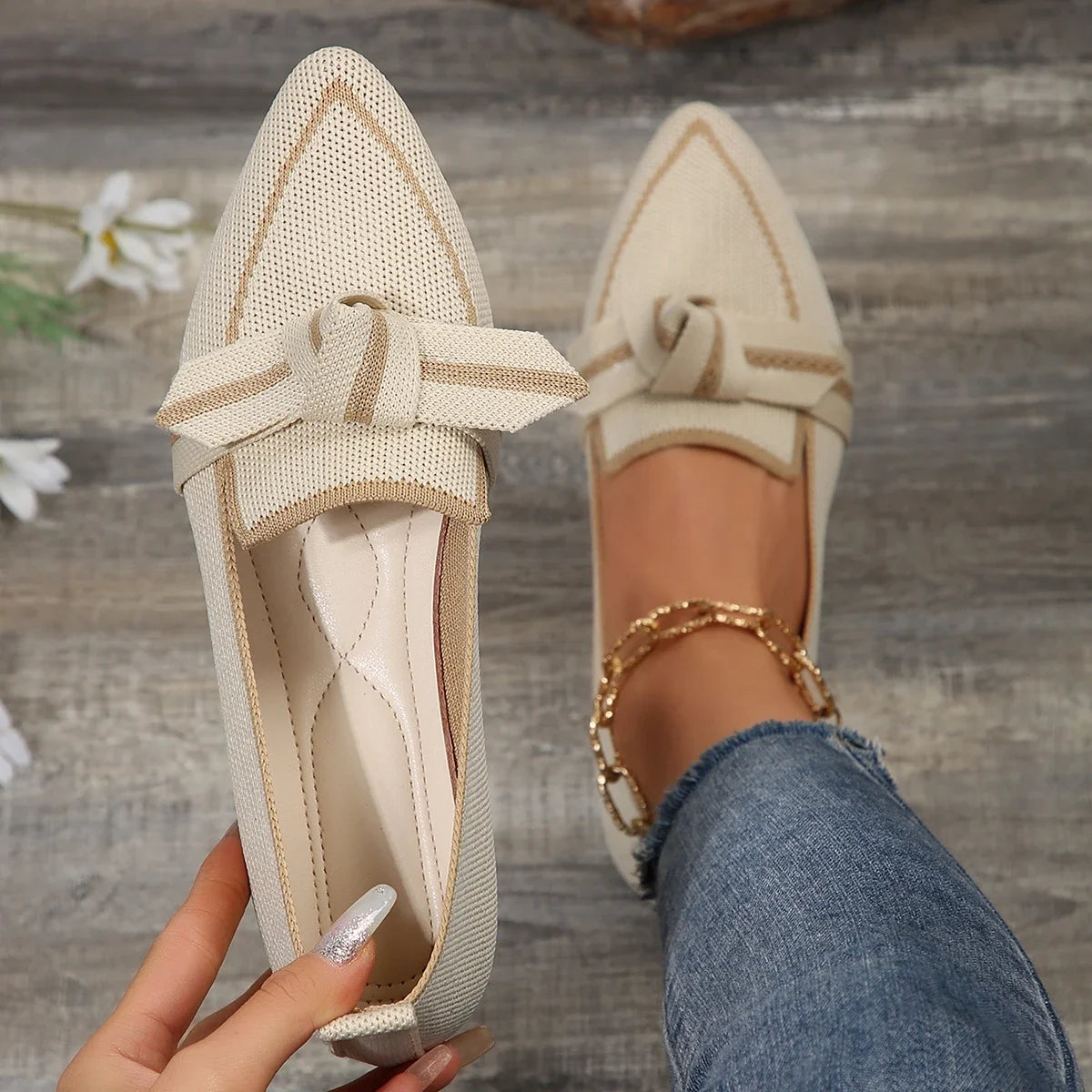 Women's Spring and Autumn Outfit Pointed Flat Breathable Casual Knot Shoes Women's Blue Pregnant Women's Low Heel Moon Shoes