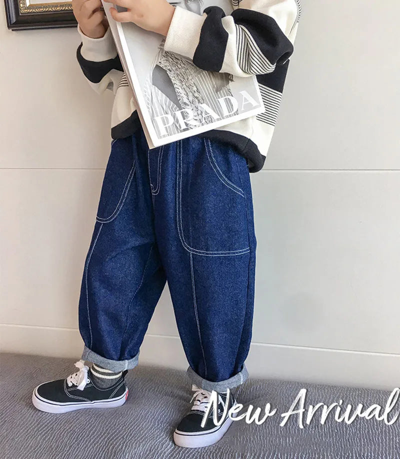 New Spring Kids Jeans Children Cute Solid Colour Denim Blue Pants Girls Loose Thin Style Harem Pant 1-7 Years Girls