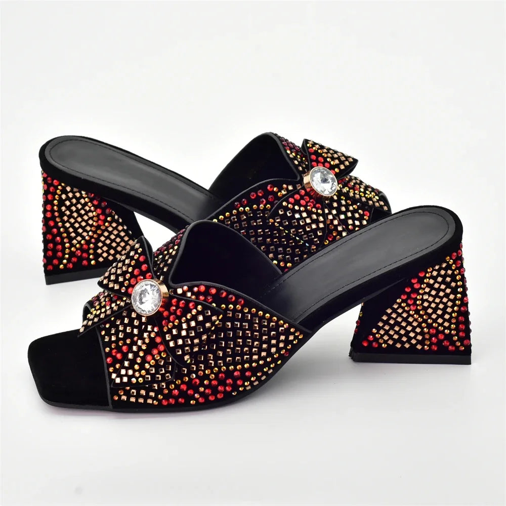 Nigeria Popular Design African Ladies Shoes and Bag Set Decorated with Rhinestone Wedding Shoes Bride Peep Toe Low Black Heels
