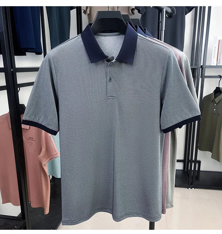 Men’s Breathable Polo Shirt – Stretch Fabric & Striped Design for Office/Casual Use Elastic Comfort and Classic Collar M-4XL