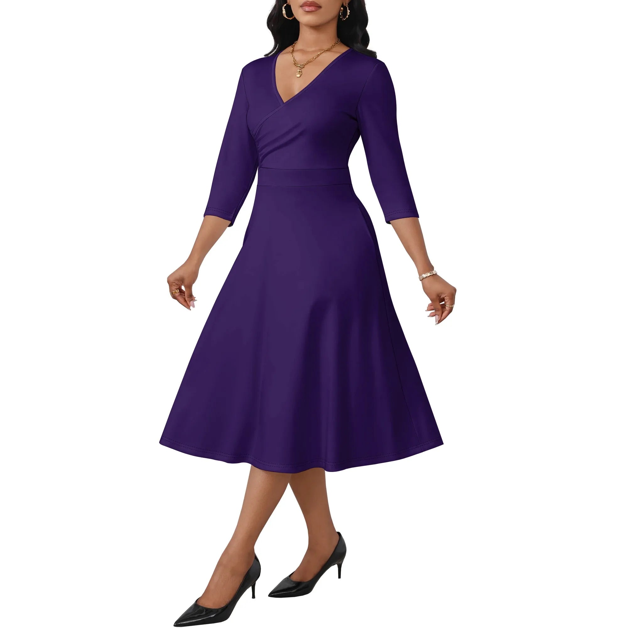 Ladies' casual flared midi dress, wedding guest cocktail tea party dress, A-line swing V-neck, three-quarter sleeves.