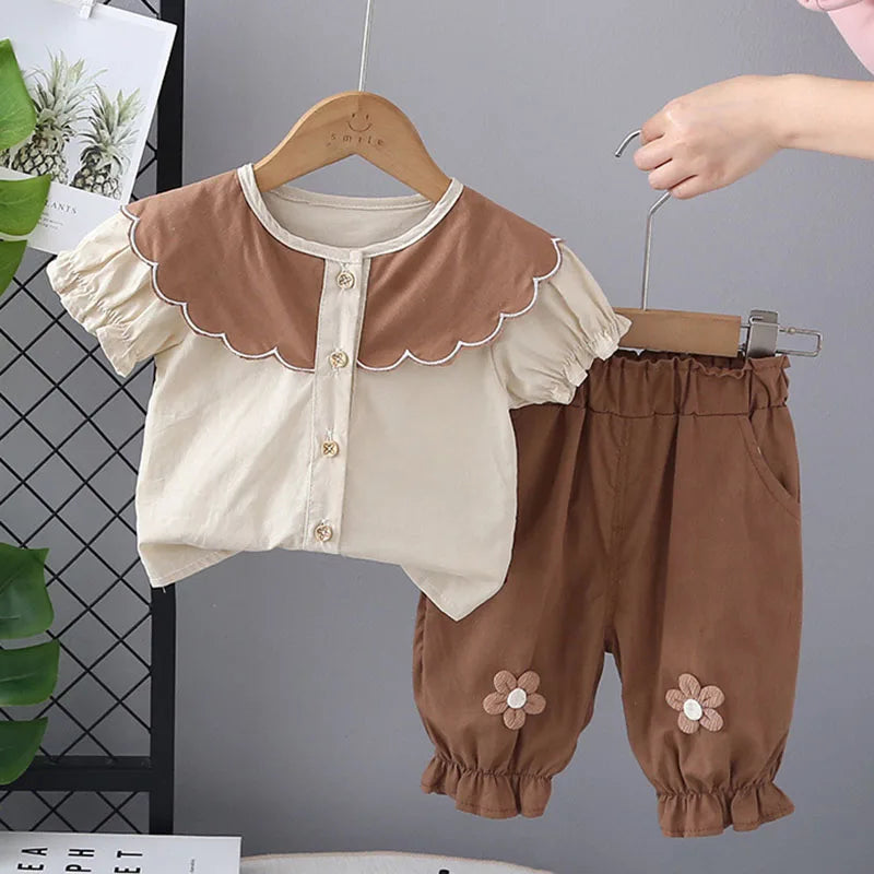 New Summer Kids Clothes 2PCS Set Cute Doll Collar Girls Shirt + Flower Pants Children Thin Style Outwear 12M-5T Girls